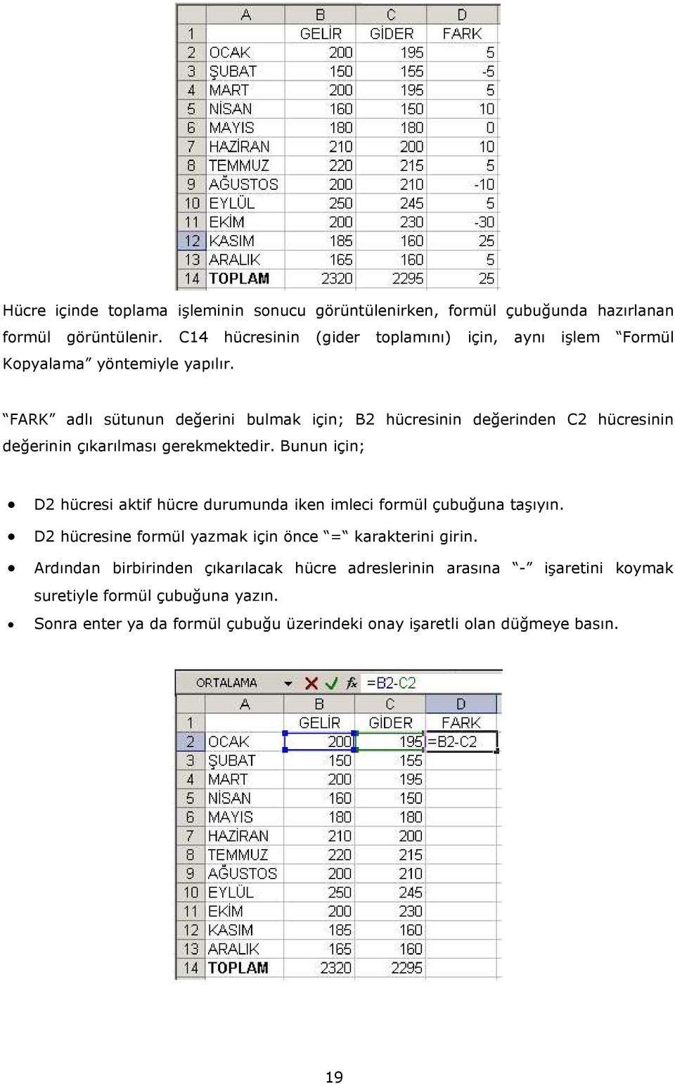 FARK adlı sütunun değerini bulmak için; B2 hücresinin değerinden C2 hücresinin değerinin çıkarılması gerekmektedir.