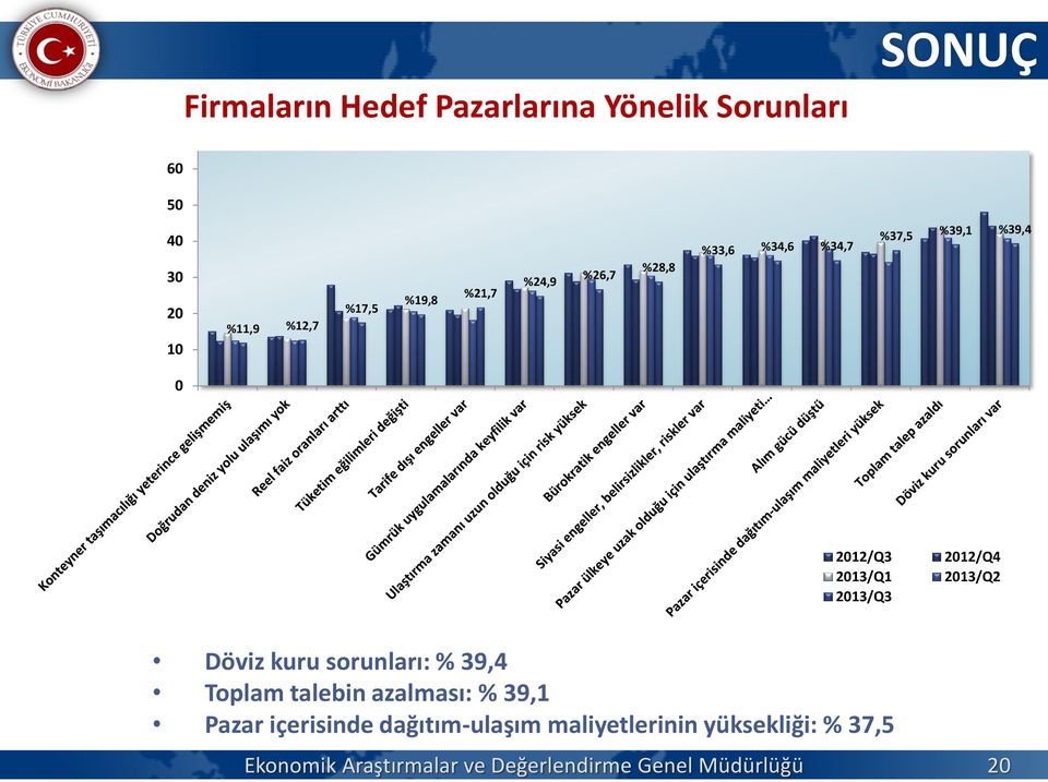 2013/Q3 Döviz kuru sorunları: % 39,4 Toplam talebin azalması: % 39,1 Pazar içerisinde