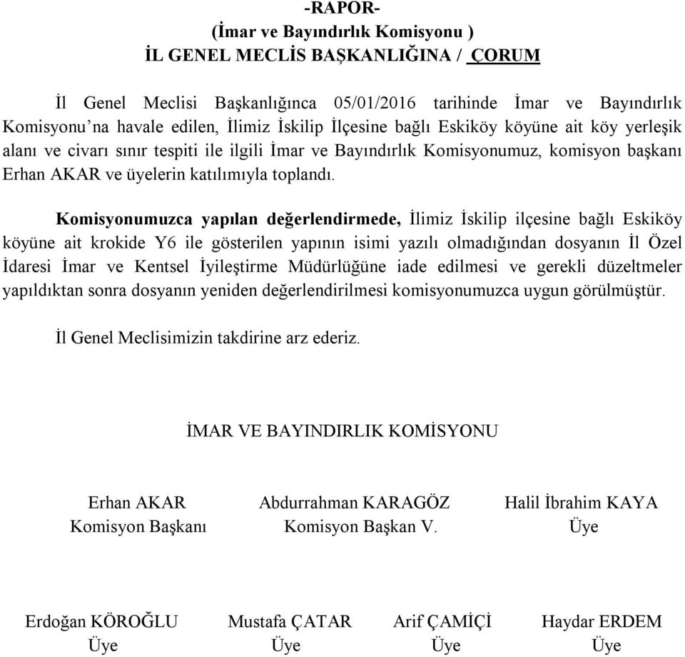 Komisyonumuzca yapılan değerlendirmede, İlimiz İskilip ilçesine bağlı Eskiköy köyüne ait krokide Y6 ile gösterilen yapının isimi yazılı olmadığından dosyanın