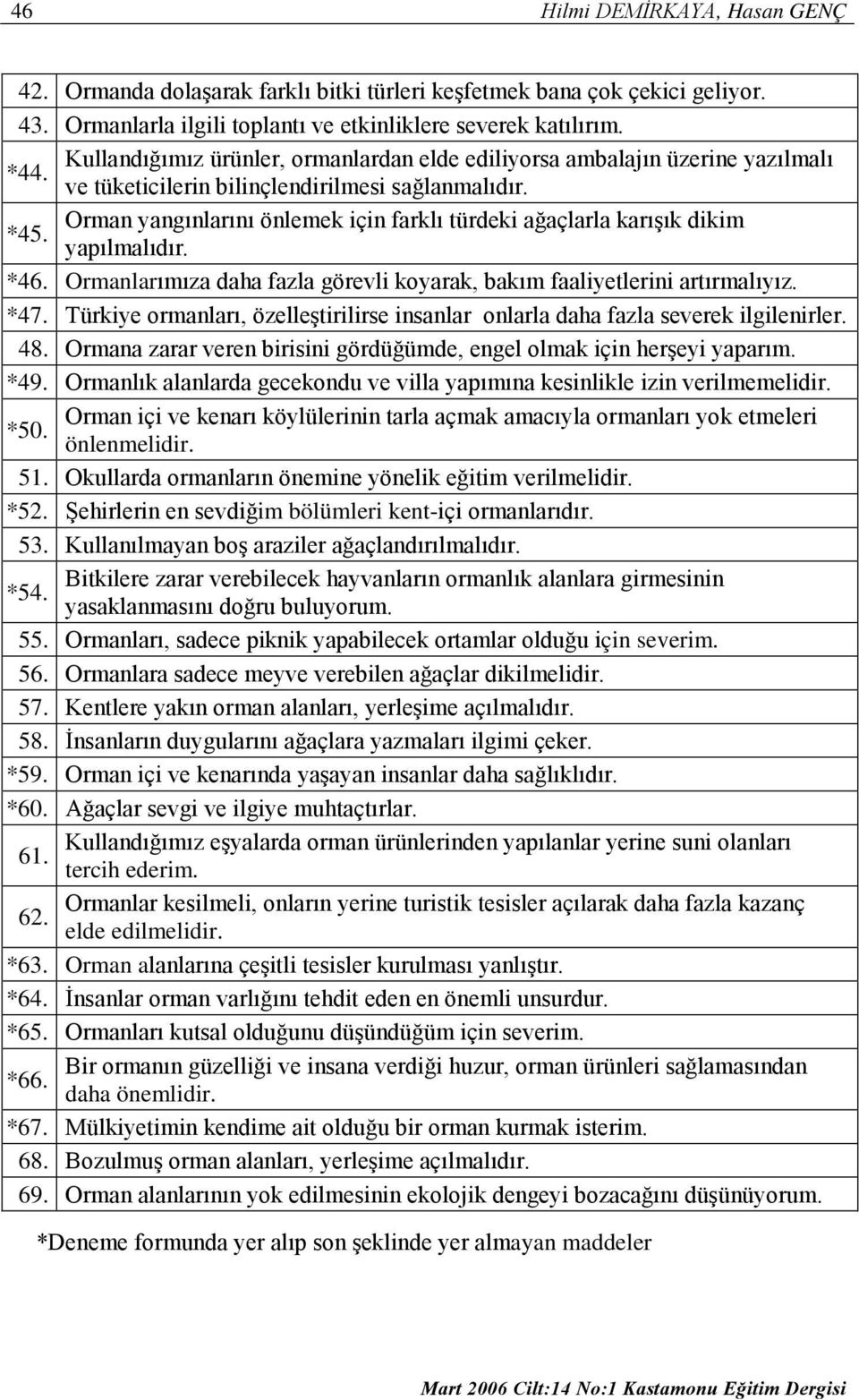 Orman yangınlarını önlemek için farklı türdeki ağaçlarla karışık dikim *45. yapılmalıdır. *46. Ormanlarımıza daha fazla görevli koyarak, bakım faaliyetlerini artırmalıyız. *47.