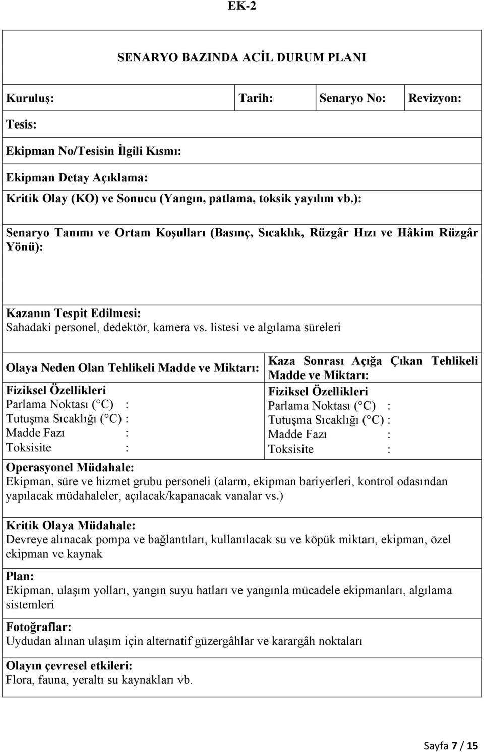 listesi ve algılama süreleri Olaya Neden Olan Tehlikeli Madde ve Miktarı: Fiziksel Özellikleri Parlama Noktası ( C) : Tutuşma Sıcaklığı ( C) : Madde Fazı : Toksisite : Kaza Sonrası Açığa Çıkan