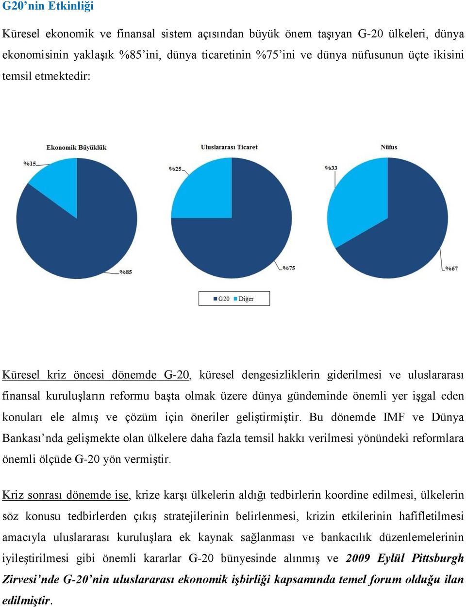 almış ve çözüm için öneriler geliştirmiştir. Bu dönemde IMF ve Dünya Bankası nda gelişmekte olan ülkelere daha fazla temsil hakkı verilmesi yönündeki reformlara önemli ölçüde G-20 yön vermiştir.