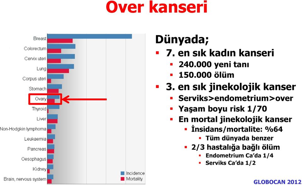 en sık jinekolojik kanser Serviks>endometrium>over Yaşam boyu risk 1/70 En