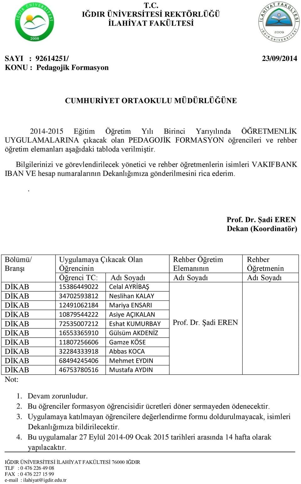 AÇIKALAN DĠKAB 72535007212 Eshat KUMURBAY Prof Dr ġadi EREN DĠKAB 16553365910 Gülsüm AKDENİZ DĠKAB