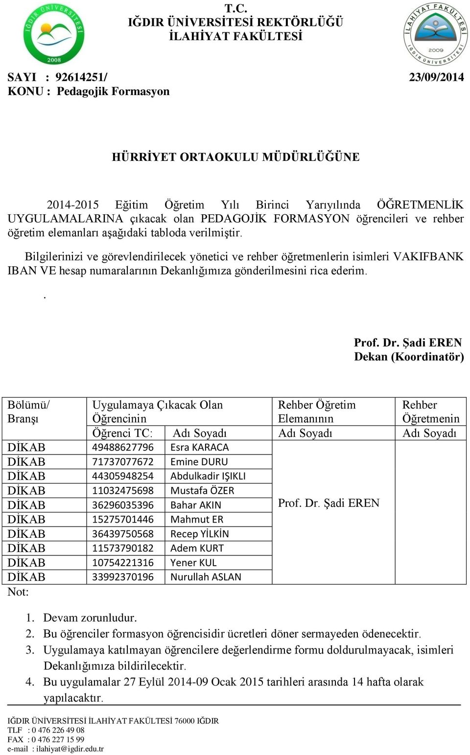 ÖZER DĠKAB 36296035396 Bahar AKIN Prof Dr ġadi EREN DĠKAB 15275701446 Mahmut ER DĠKAB 36439750568