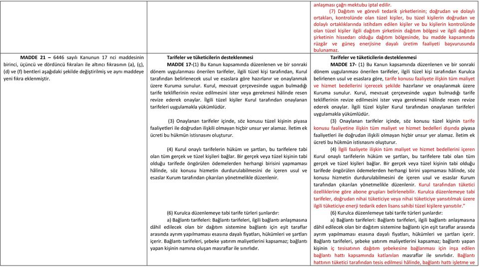 Tarifeler ve tüketicilerin desteklenmesi MADDE 17-(1) Bu Kanun kapsamında düzenlenen ve bir sonraki dönem uygulanması önerilen tarifeler, ilgili tüzel kişi tarafından, Kurul tarafından belirlenecek