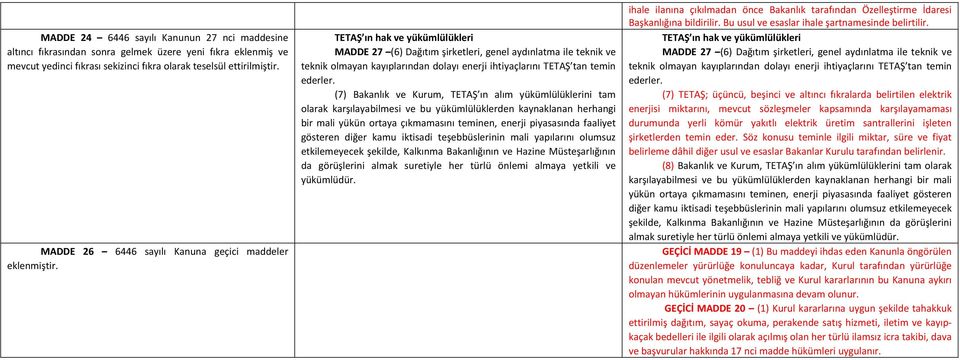 TETAŞ ın hak ve yükümlülükleri MADDE 27 (6) Dağıtım şirketleri, genel aydınlatma ile teknik ve teknik olmayan kayıplarından dolayı enerji ihtiyaçlarını TETAŞ tan temin ederler.