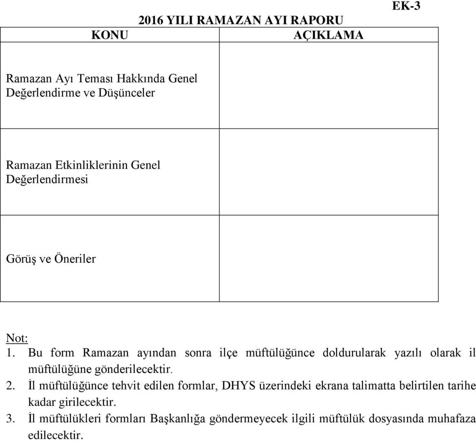 Bu form Ramazan ayından sonra ilçe müftülüğünce doldurularak yazılı olarak il müftülüğüne gönderilecektir.