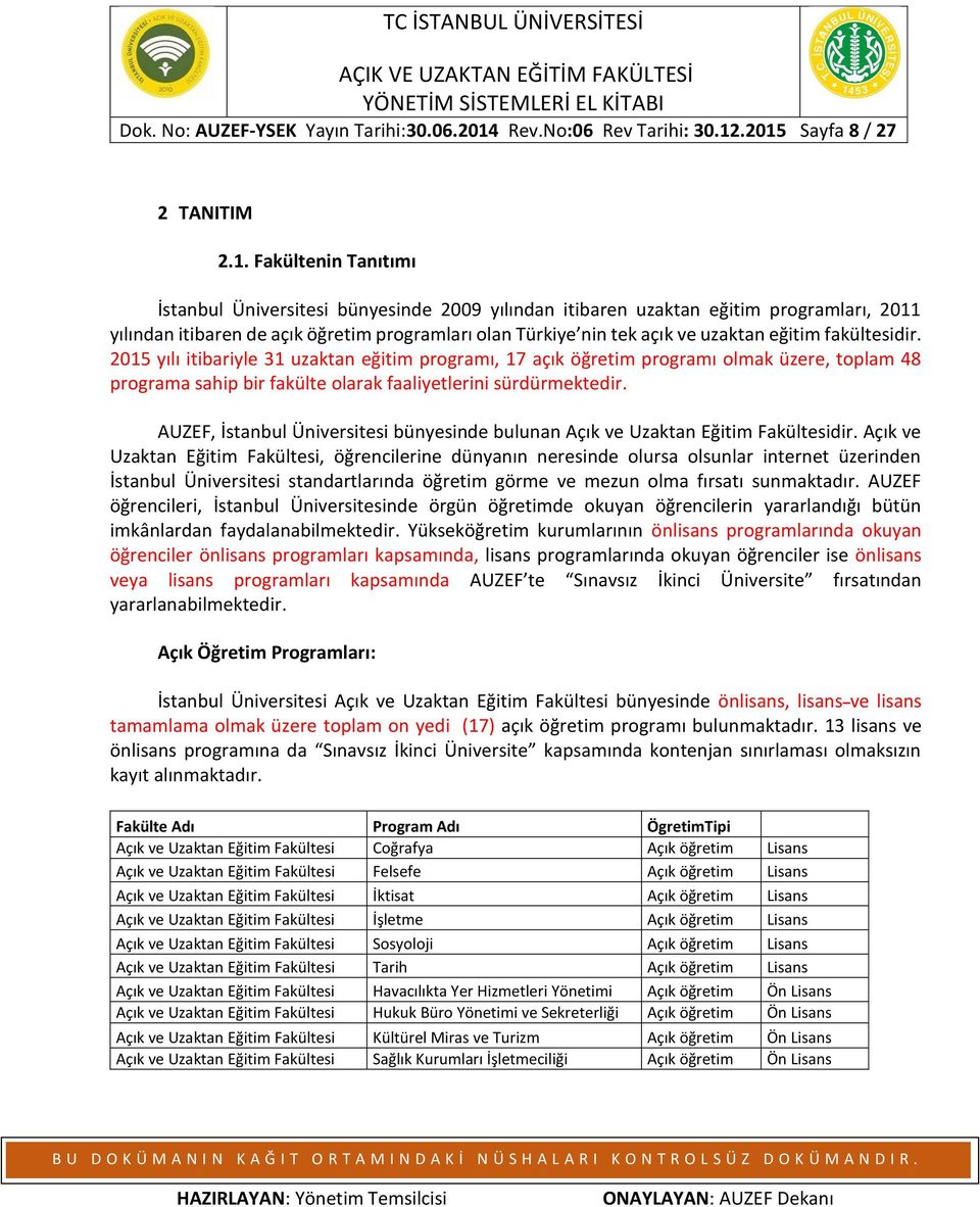 .2015 Sayfa 8 / 27 2 TANITIM 2.1. Fakültenin Tanıtımı İstanbul Üniversitesi bünyesinde 2009 yılından itibaren uzaktan eğitim programları, 2011 yılından itibaren de açık öğretim programları olan