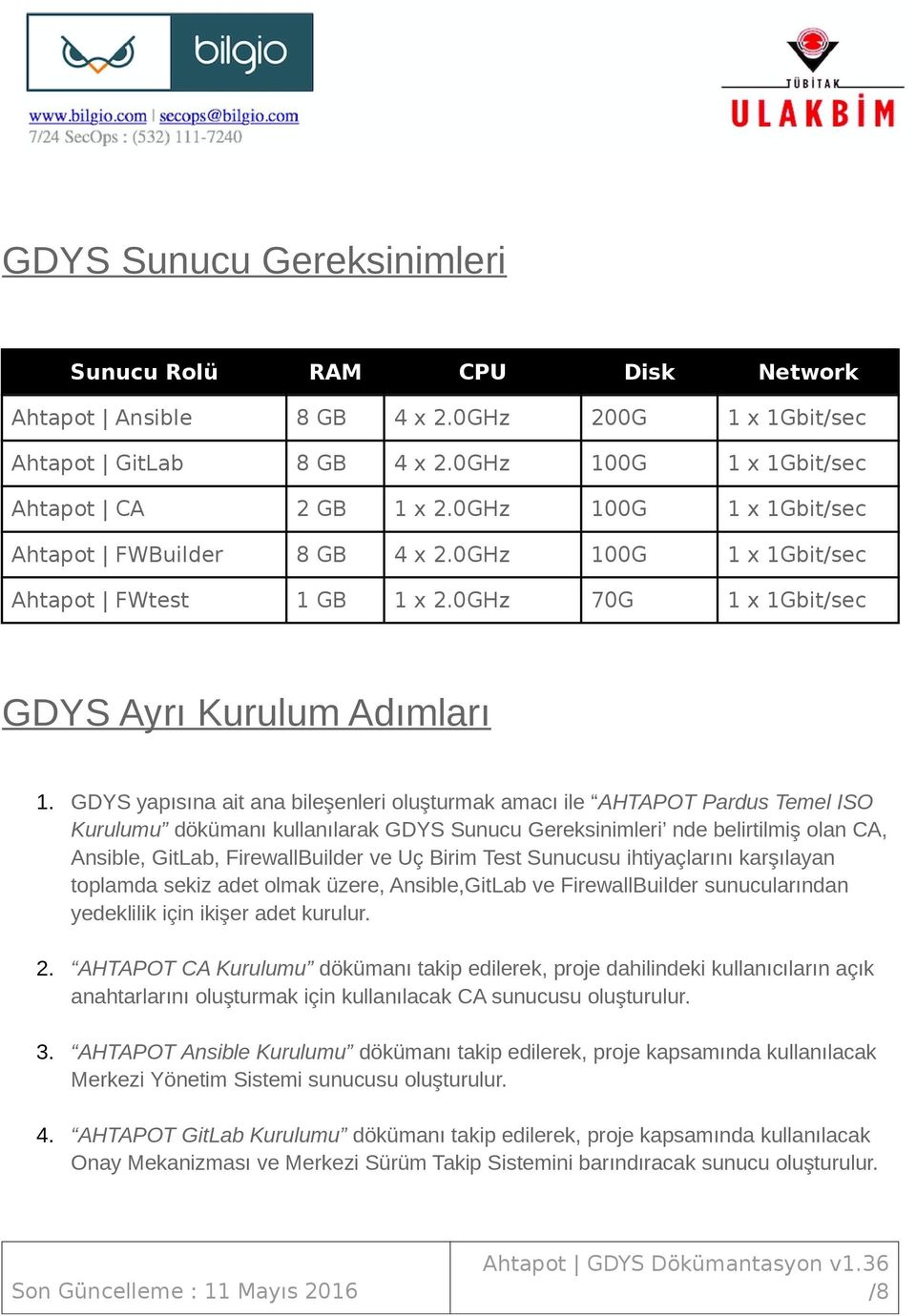 GDYS yapısına ait ana bileşenleri oluşturmak amacı ile AHTAPOT Pardus Temel ISO Kurulumu dökümanı kullanılarak GDYS Sunucu Gereksinimleri nde belirtilmiş olan CA, Ansible, GitLab, FirewallBuilder ve