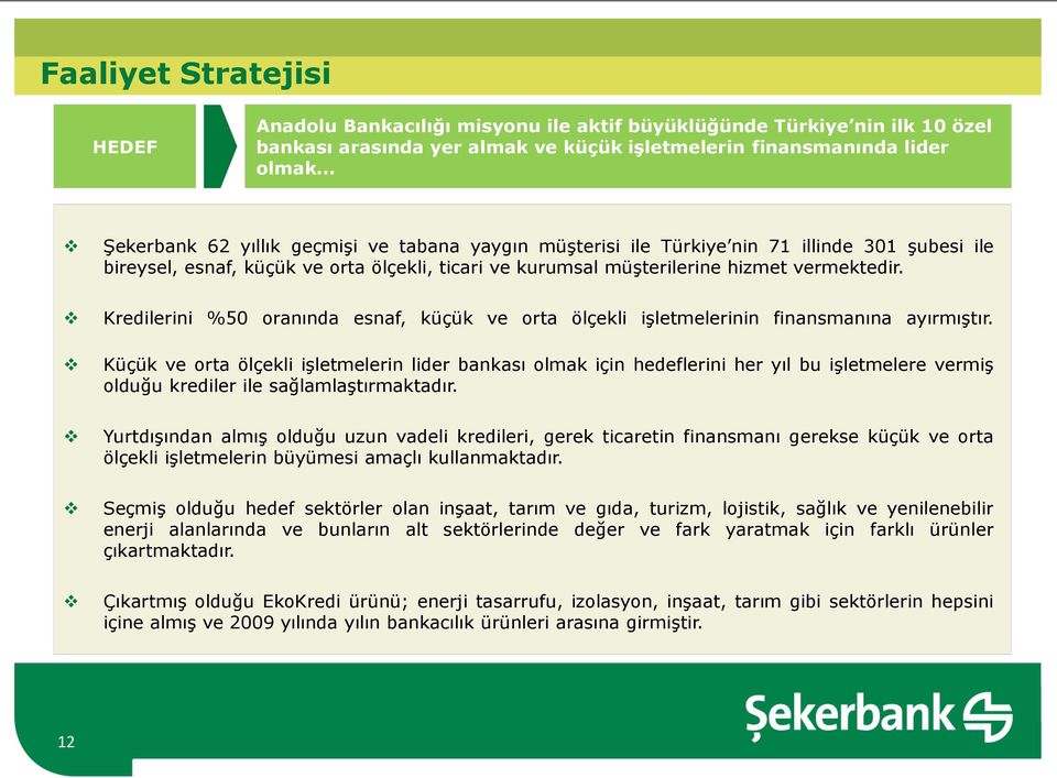 Kredilerini %50 oranında esnaf, küçük ve orta ölçekli işletmelerinin finansmanına ayırmıştır.