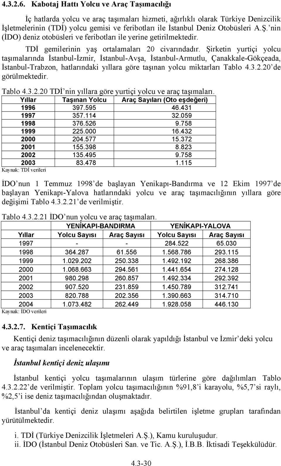 Otobüsleri A.Ş. nin (İDO) deniz otobüsleri ve feribotları ile yerine getirilmektedir. TDİ gemilerinin yaş ortalamaları 20 civarındadır.