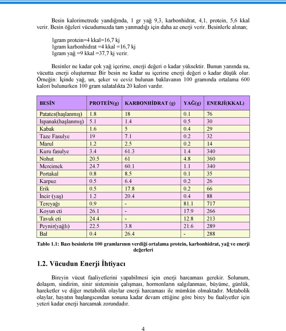 Bunun yanında su, vücutta enerji oluşturmaz Bir besin ne kadar su içerirse enerji değeri o kadar düşük olur.