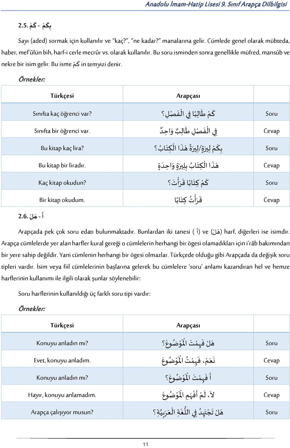 أ - ھ ل.2.6 Sınıfta kaç öğrenci var? Sınıfta bir öğrenci var. Bu kitap kaç lira? ال ب ا ال ف ص ل ط Soru ك م ال ب و اح د ال ف ص ل ط Cevap Soru ب ك م ل ة /ل ة ه ذ ا ال ك ت اب Bu kitap bir liradır.