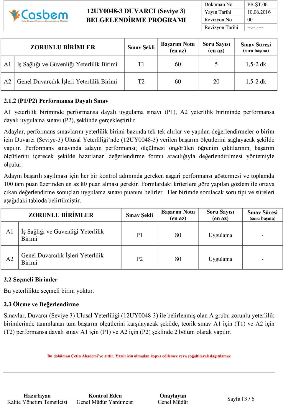 Adaylar, performans sınavlarını yeterlilik birimi bazında tek tek alırlar ve yapılan değerlendirmeler o birim için Duvarcı (Seviye-3) Ulusal Yeterliliği nde (12UY0048-3) verilen başarım ölçütlerini