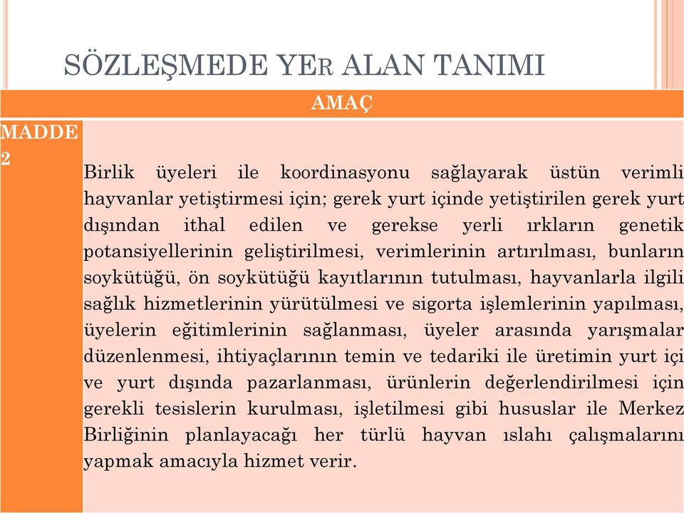 yürütülmesi ve sigorta işlemlerinin yapılması, üyelerin eğitimlerinin sağlanması, üyeler arasında yarışmalar düzenlenmesi, ihtiyaçlarının temin ve tedariki ile üretimin yurt içi ve yurt dışında