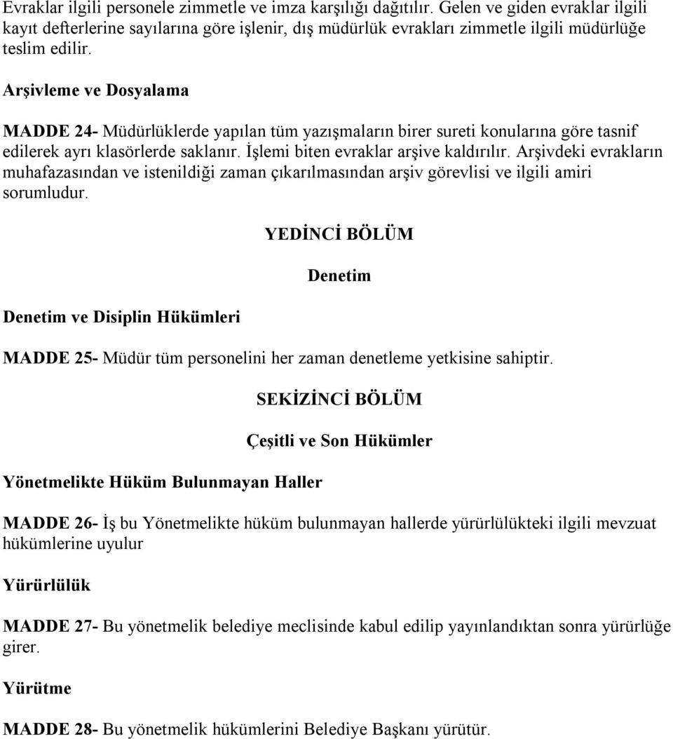 Arşivleme ve Dosyalama MADDE 24- Müdürlüklerde yapılan tüm yazışmaların birer sureti konularına göre tasnif edilerek ayrı klasörlerde saklanır. İşlemi biten evraklar arşive kaldırılır.