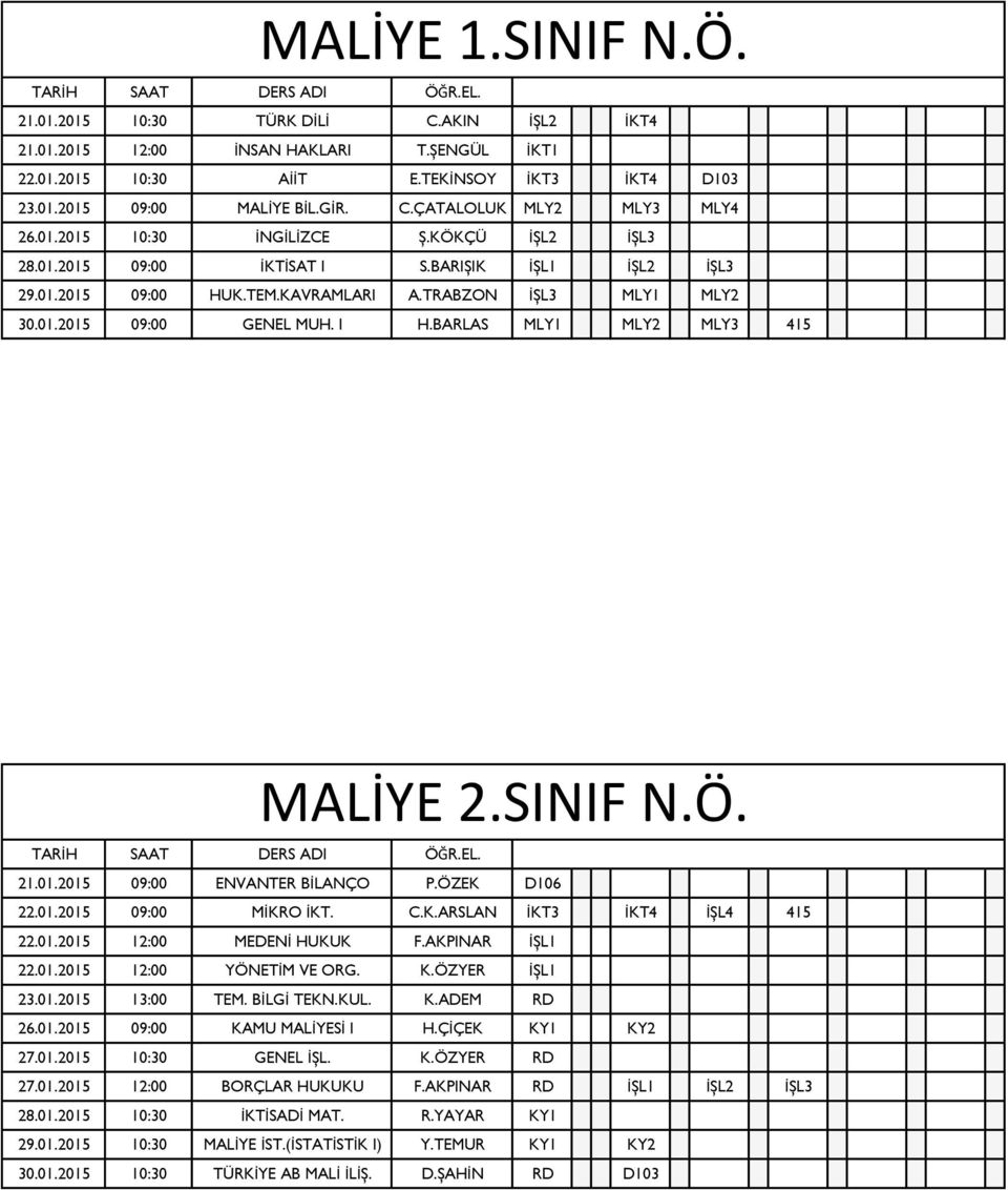 BARLAS MLY1 MLY2 MLY3 415 MALİYE 2.SINIF N.Ö. 21.01.2015 09:00 ENVANTER BİLANÇO P.ÖZEK D106 22.01.2015 09:00 MİKRO İKT. C.K.ARSLAN İKT3 İKT4 İŞL4 415 22.01.2015 12:00 MEDENİ HUKUK F.AKPINAR İŞL1 22.