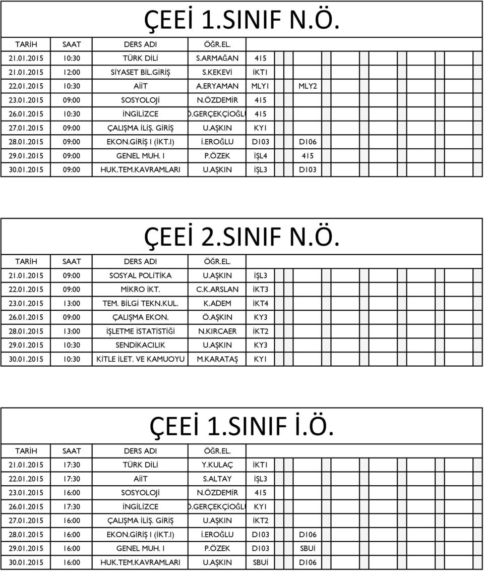 KAVRAMLARI U.AŞKIN İŞL3 D103 ÇEEİ 2.SINIF N.Ö. 21.01.2015 09:00 SOSYAL POLİTİKA U.AŞKIN İŞL3 22.01.2015 09:00 MİKRO İKT. C.K.ARSLAN İKT3 23.01.2015 13:00 TEM. BİLGİ TEKN.KUL. K.ADEM İKT4 26.01.2015 09:00 ÇALIŞMA EKON.