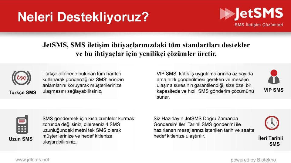 VIP SMS, kritik iş uygulamalarında az sayıda ama hızlı gönderilmesi gereken ve mesajın ulaşma süresinin garantilendiği, size özel bir kapasitede ve hızlı SMS gönderim çözümünü sunar.