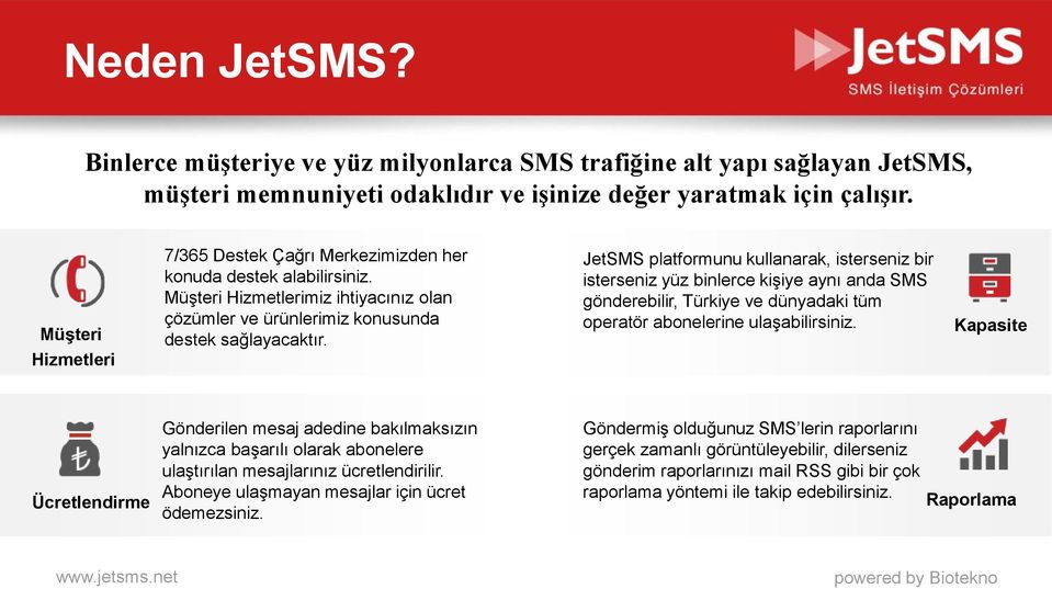 JetSMS platformunu kullanarak, isterseniz bir isterseniz yüz binlerce kişiye aynı anda SMS gönderebilir, Türkiye ve dünyadaki tüm operatör abonelerine ulaşabilirsiniz.
