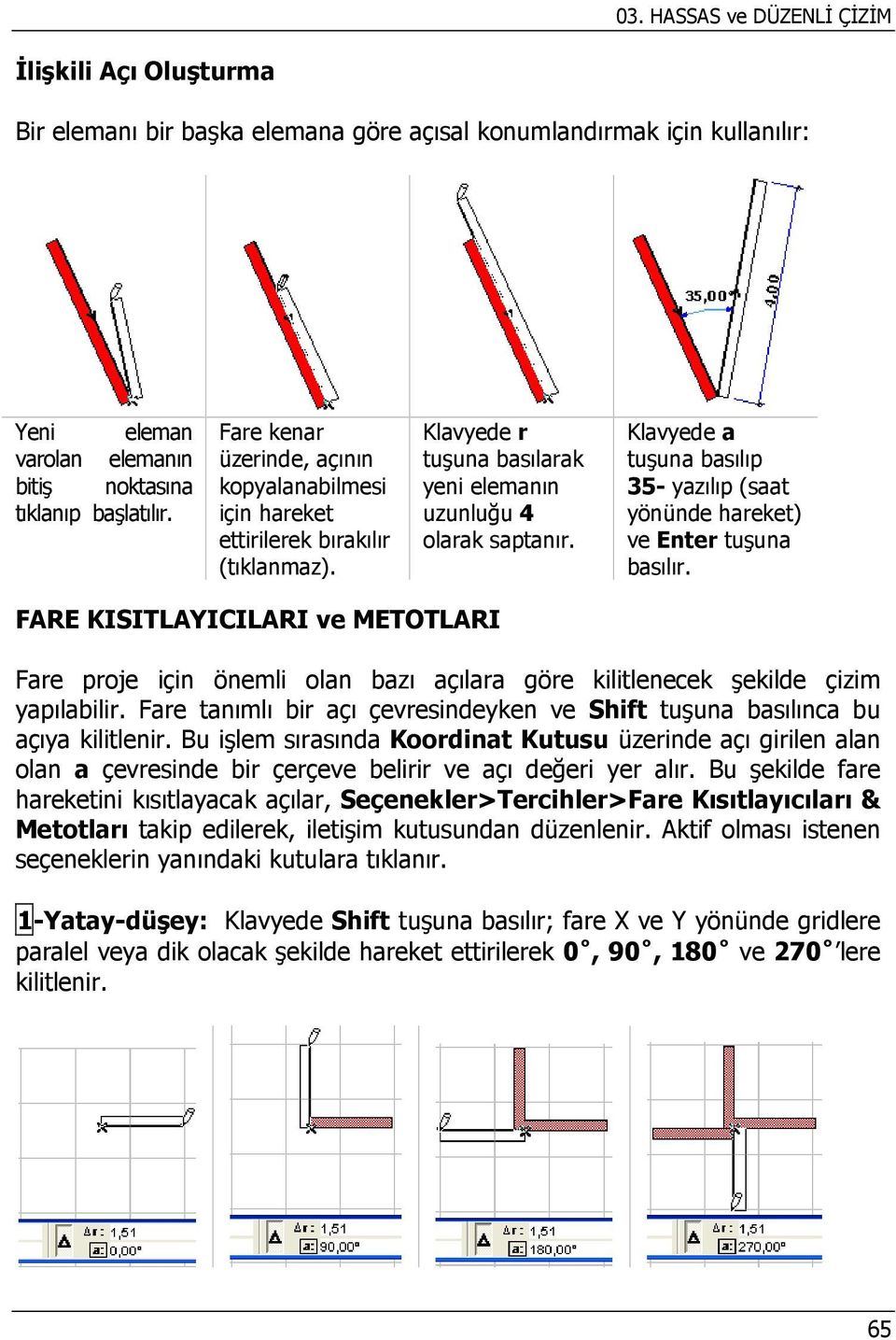 Klavyede a tuşuna basılıp 35- yazılıp (saat yönünde hareket) ve Enter tuşuna basılır.