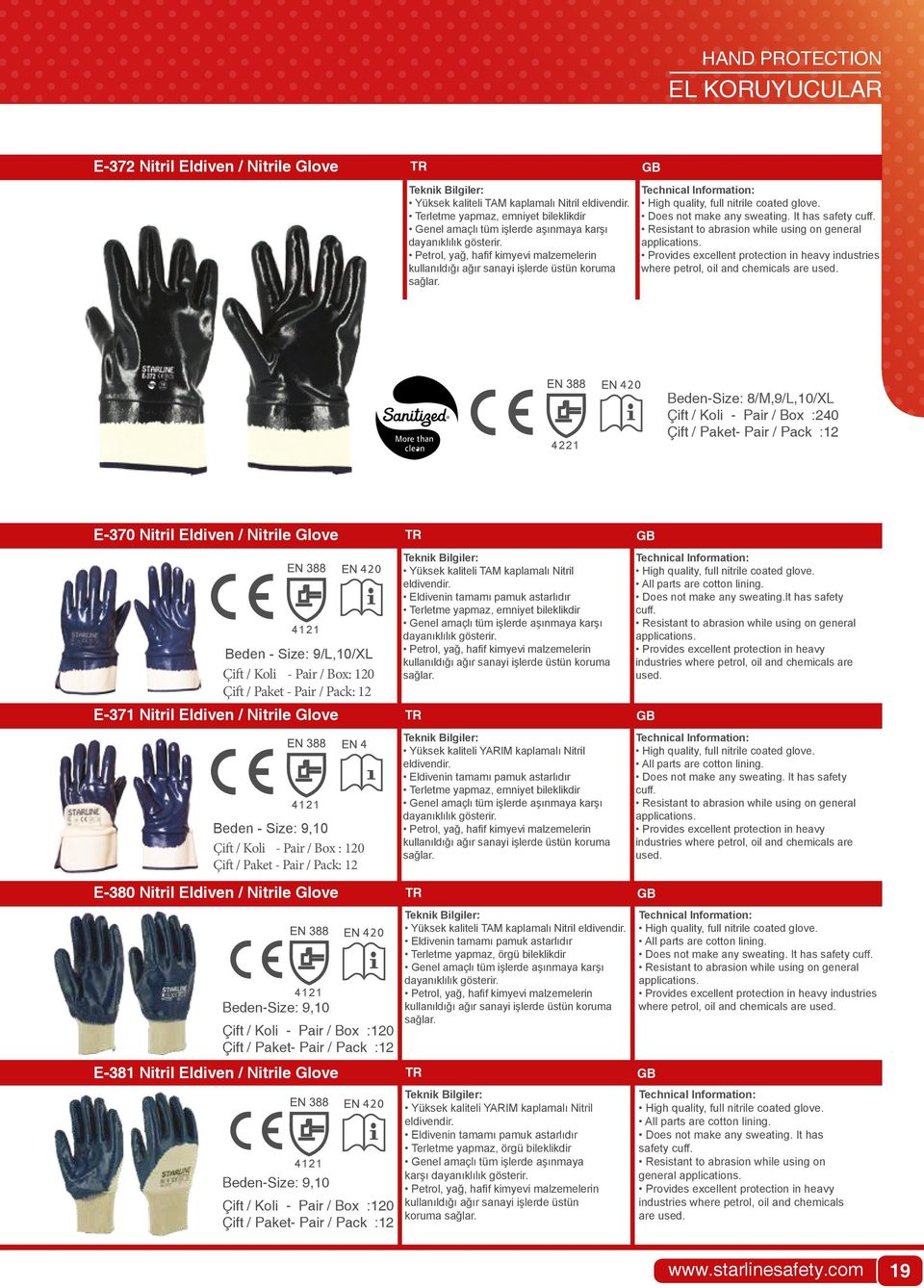 High quality, full nitrile coated glove. Does not make any sweating. It has safety cuff. Resistant to abrasion while using on general applications.