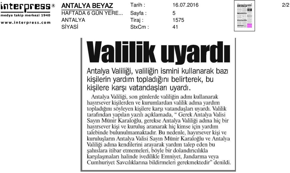 .. Sayfa : 5 ANTALYA Tiraj