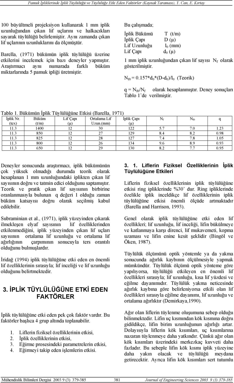 Bu çalışmada; İplik Bükümü T (t/m) İplik Çapı D (µ) Lif Uzunluğu l 0 (mm) Lif Çapı d 0 (µ) 1 mm iplik uzunluğundan çıkan lif sayısı N f olarak gösterilmiştir. N f0 = 0.