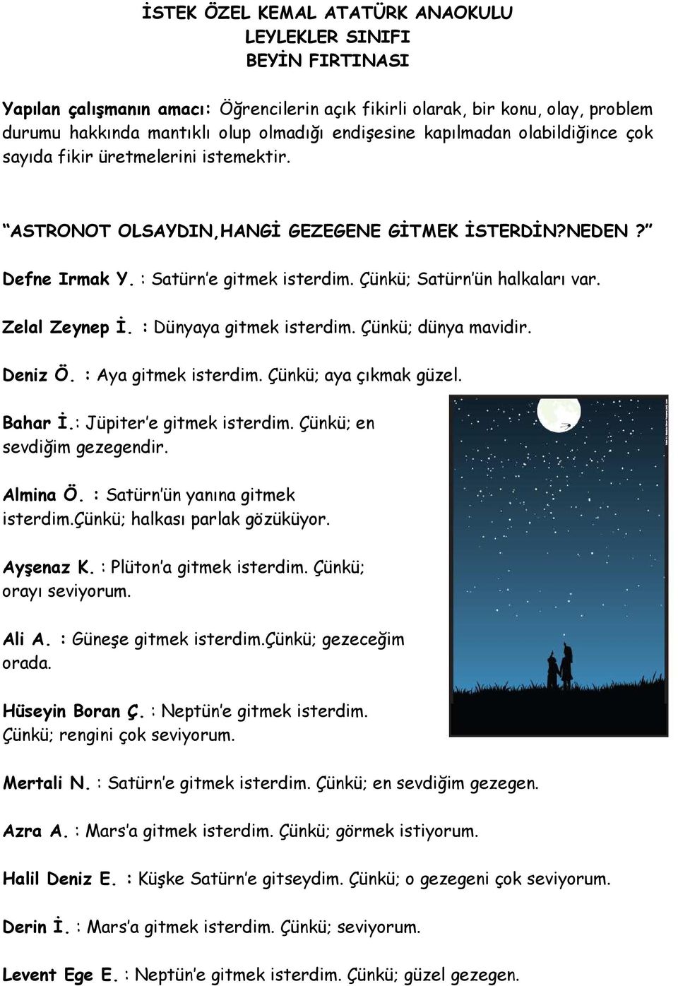 Çünkü; dünya mavidir. Deniz Ö. : Aya gitmek isterdim. Çünkü; aya çıkmak güzel. Bahar İ.: Jüpiter e gitmek isterdim. Çünkü; en sevdiğim gezegendir. Almina Ö. : Satürn ün yanına gitmek isterdim.