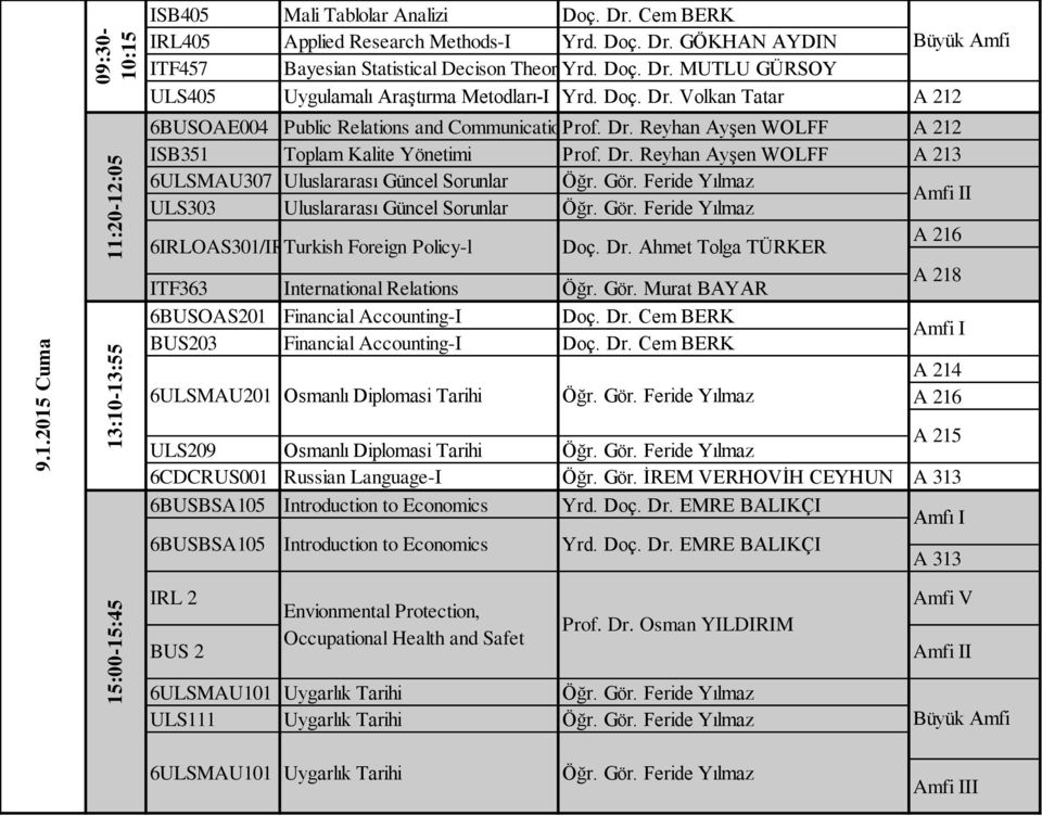 Gör. Feride Yılmaz 303 Uluslararası Güncel Sorunlar Öğr. Gör. Feride Yılmaz I 6IRLOAS301/IRTurkish Foreign Policy-l Doç. Dr. Ahmet Tolga TÜRKER ITF363 International Relations Öğr. Gör. Murat BAYAR 6BUSOAS201 Financial Accounting-I Doç.