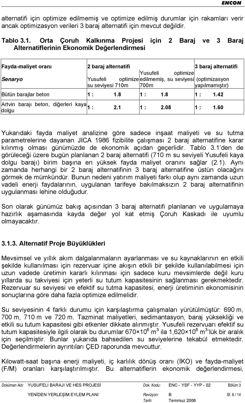 edilmemiş, su seviyesi (optimizasyon su seviyesi 710m 700m yapılmamıştır) Bütün barajlar beton 1 : 1.8 1 : 1.8 1 : 1.42 Artvin barajı beton, diğerleri kaya 1 : 2.1 1 : 2.08 1 : 1.