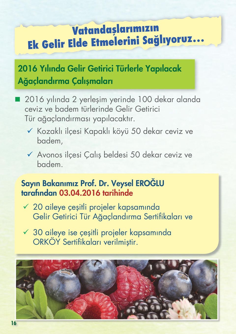 Kozaklı ilçesi Kapaklı köyü 50 dekar ceviz ve badem, Avonos ilçesi Çalış beldesi 50 dekar ceviz ve badem. Sayın Bakanımız Prof. Dr.