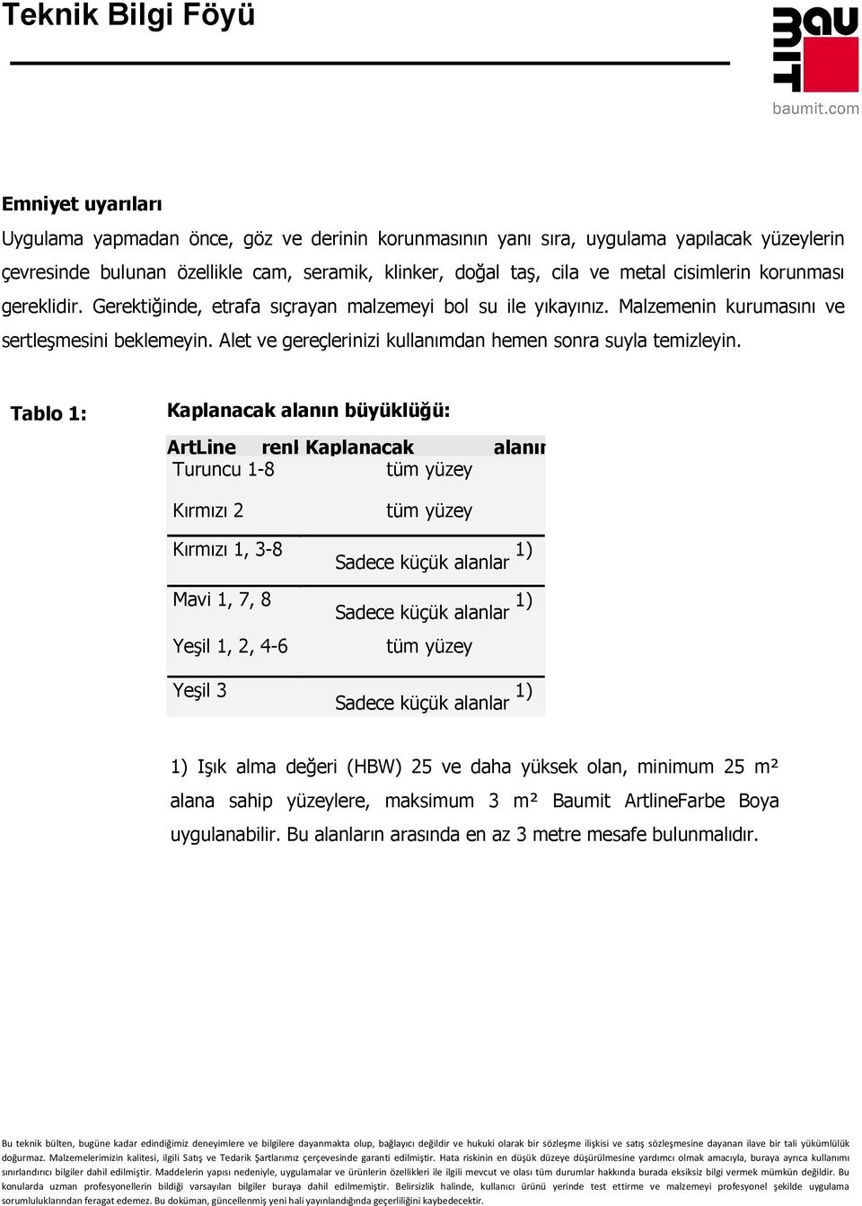 Tablo 1: Kaplanacak alanın büyüklüğü: ArtLine renkkaplanacak alanın Turuncu 1-8 tüm yüzey Kırmızı 2 Kırmızı 1, 3-8 Mavi 1, 7, 8 Yeşil 1, 2, 4-6 Yeşil 3 tüm yüzey Sadece küçük alanlar 1) Sadece küçük