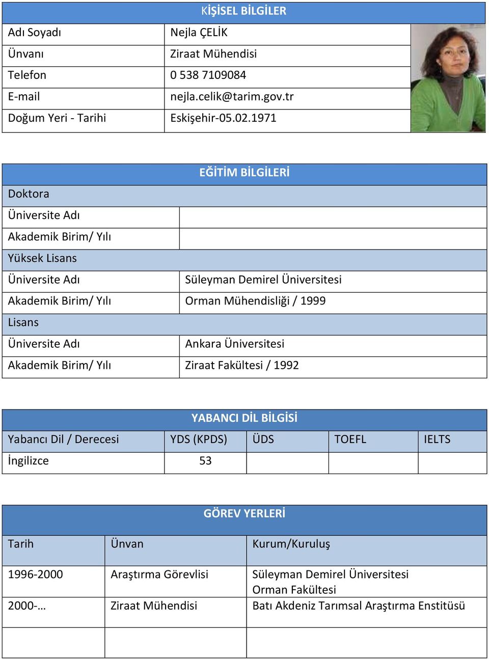 1999 Lisans Üniversite Adı Ankara Üniversitesi Akademik Birim/ Yılı Ziraat Fakültesi / 1992 YABANCI DİL BİLGİSİ Yabancı Dil / Derecesi YDS (KPDS) ÜDS TOEFL IELTS