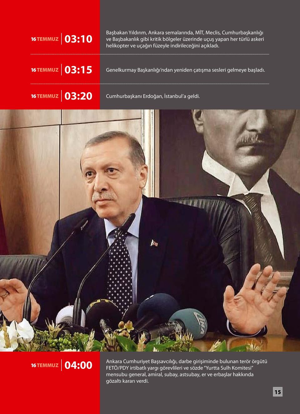 16 TEMMUZ 03:15 Genelkurmay Başkanlığı ndan yeniden çatışma sesleri gelmeye başladı. 16 TEMMUZ 03:20 Cumhurbaşkanı Erdoğan, İstanbul a geldi.