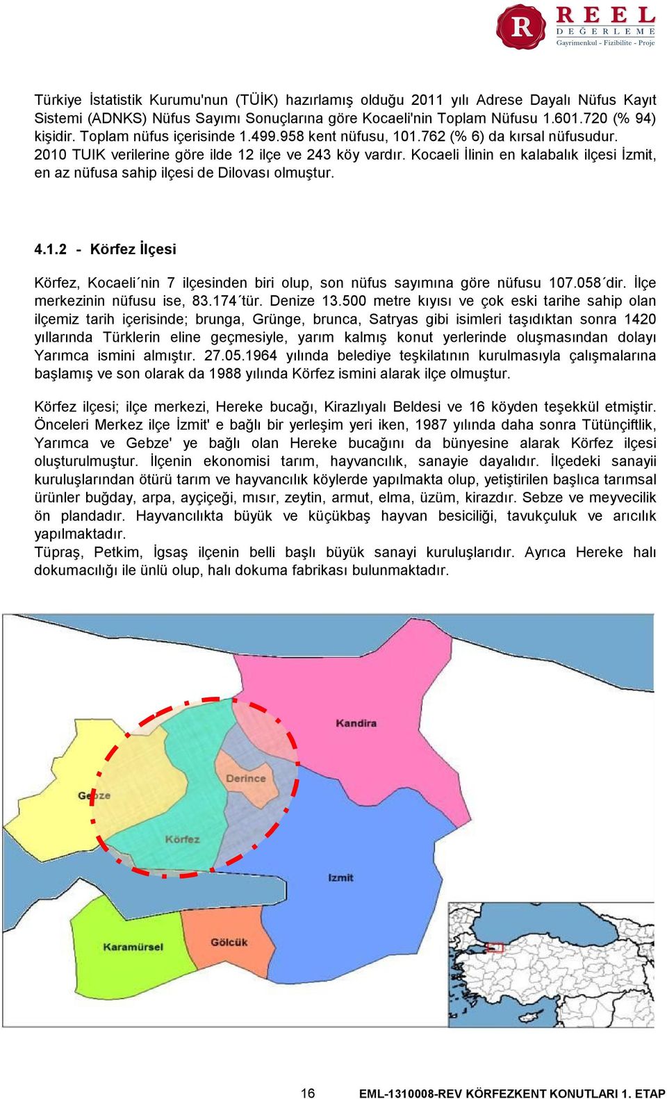 Kocaeli İlinin en kalabalık ilçesi İzmit, en az nüfusa sahip ilçesi de Dilovası olmuştur. 4.1.2 - Körfez İlçesi Körfez, Kocaeli nin 7 ilçesinden biri olup, son nüfus sayımına göre nüfusu 107.058 dir.