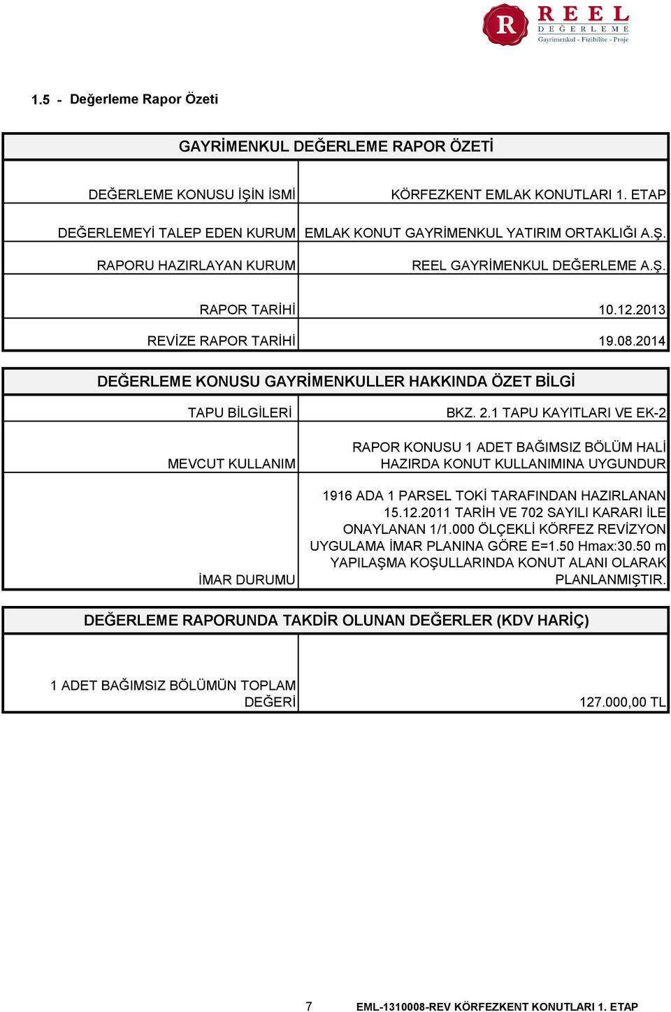 2014 DEĞERLEME KONUSU GAYRİMENKULLER HAKKINDA ÖZET BİLGİ TAPU BİLGİLERİ MEVCUT KULLANIM İMAR DURUMU BKZ. 2.