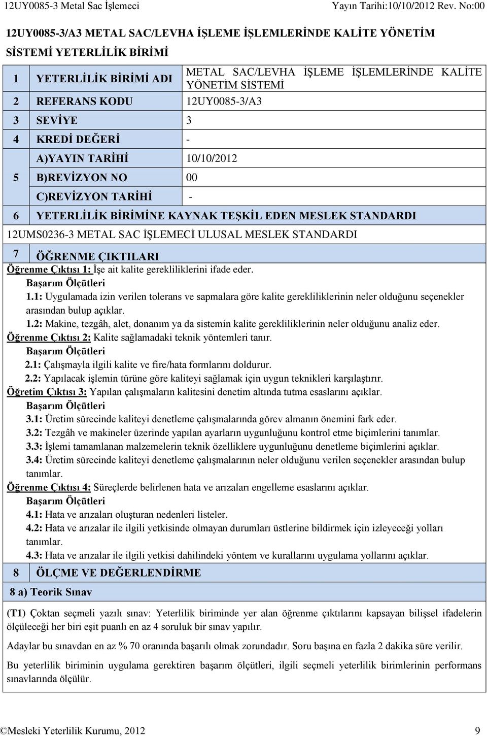 MESLEK STANDARDI 7 ÖĞRENME ÇIKTILARI Öğrenme Çıktısı 1: İşe ait kalite gerekliliklerini ifade eder. 1.1: Uygulamada izin verilen tolerans ve sapmalara göre kalite gerekliliklerinin neler olduğunu seçenekler arasından bulup açıklar.