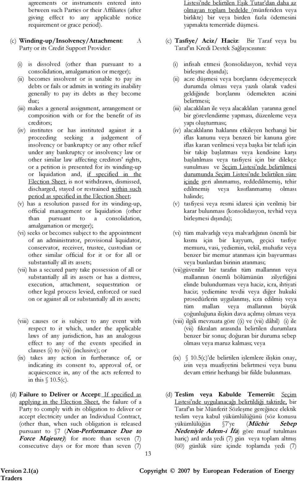 (c) Winding-up/Insolvency/Attachment: Party or its Credit Support Provider: A (c) Tasfiye/ Aciz/ Haciz: Bir Taraf veya bu Taraf ın Kredi Destek Sağlayıcısının: (i) is dissolved (other than pursuant