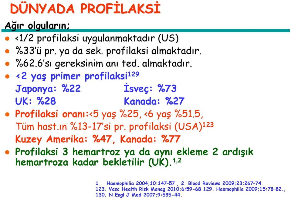 profilaksi (USA) 123 Kuzey Amerika: %47, Kanada: %77 Profilaksi 3 hemartroz ya da aynı ekleme 2 ardışık hemartroza kadar bekletilir (UK). 1,2 1.