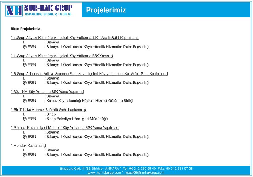 Grup Akyazı-Karapürçek İlçeleri Köy Yollarına BSK Yama İşi : Sakarya İŞVEREN : Sakarya İl Özel İdaresi Köye Yönelik Hizmetler Daire Başkanlığı * 6.