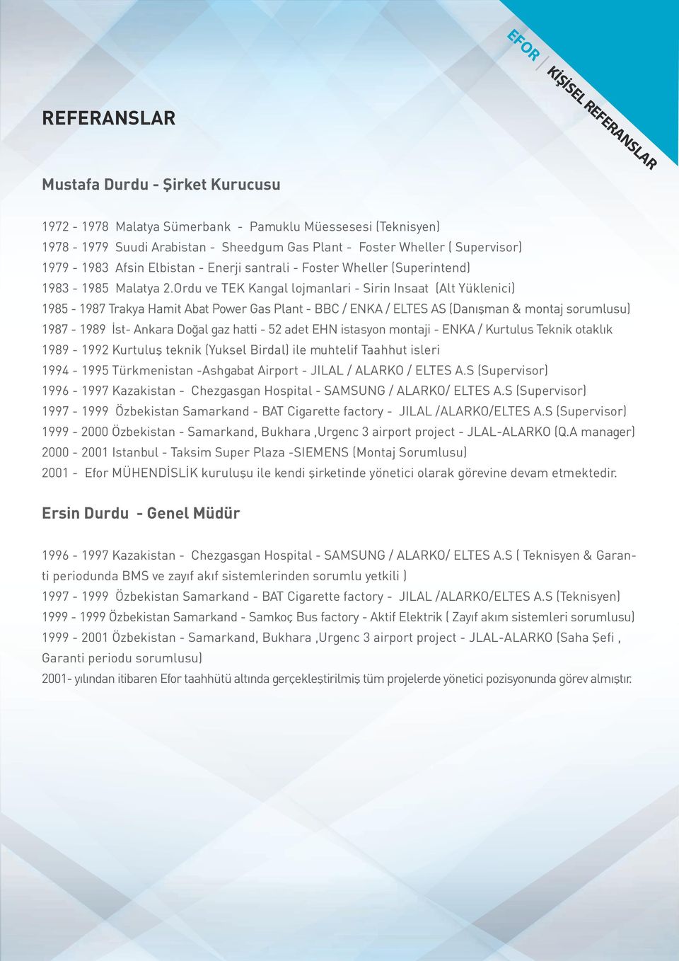 Ordu ve TEK Kangal lojmanlari - Sirin Insaat (Alt Yüklenici) 1985-1987 Trakya Hamit Abat Power Gas Plant - BBC / ENKA / ELTES AS (Danışman & montaj sorumlusu) 1987-1989 İst- Ankara Doğal gaz hatti -