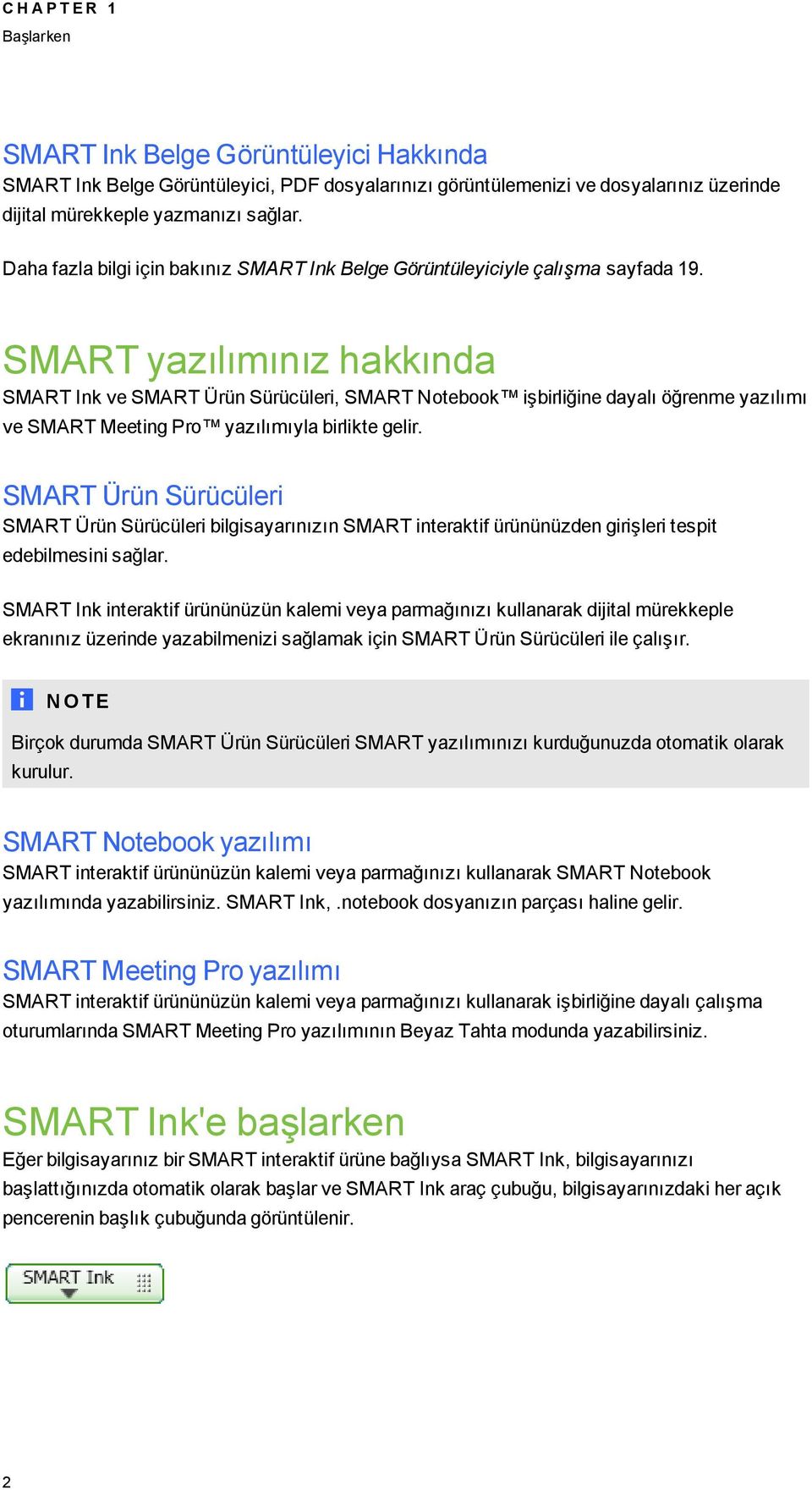 SMART yazılımınız hakkında SMART Ink ve SMART Ürün Sürücüleri, SMART Notebook işbirliğine dayalı öğrenme yazılımı ve SMART Meetin Pro yazılımıyla birlikte elir.
