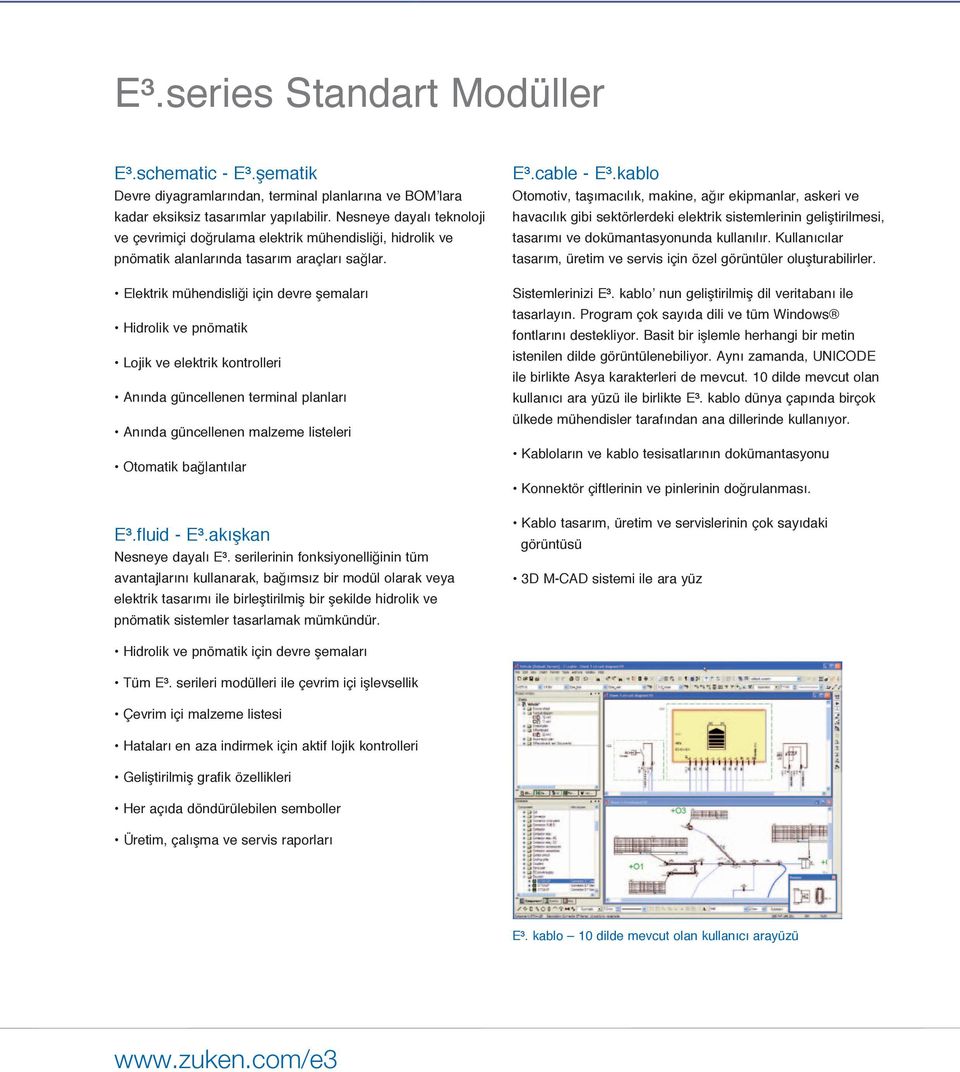 Elektrik mühendisliği için devre şemaları Hidrolik ve pnömatik Lojik ve elektrik kontrolleri Anında güncellenen terminal planları Anında güncellenen malzeme listeleri Otomatik bağlantılar E³.