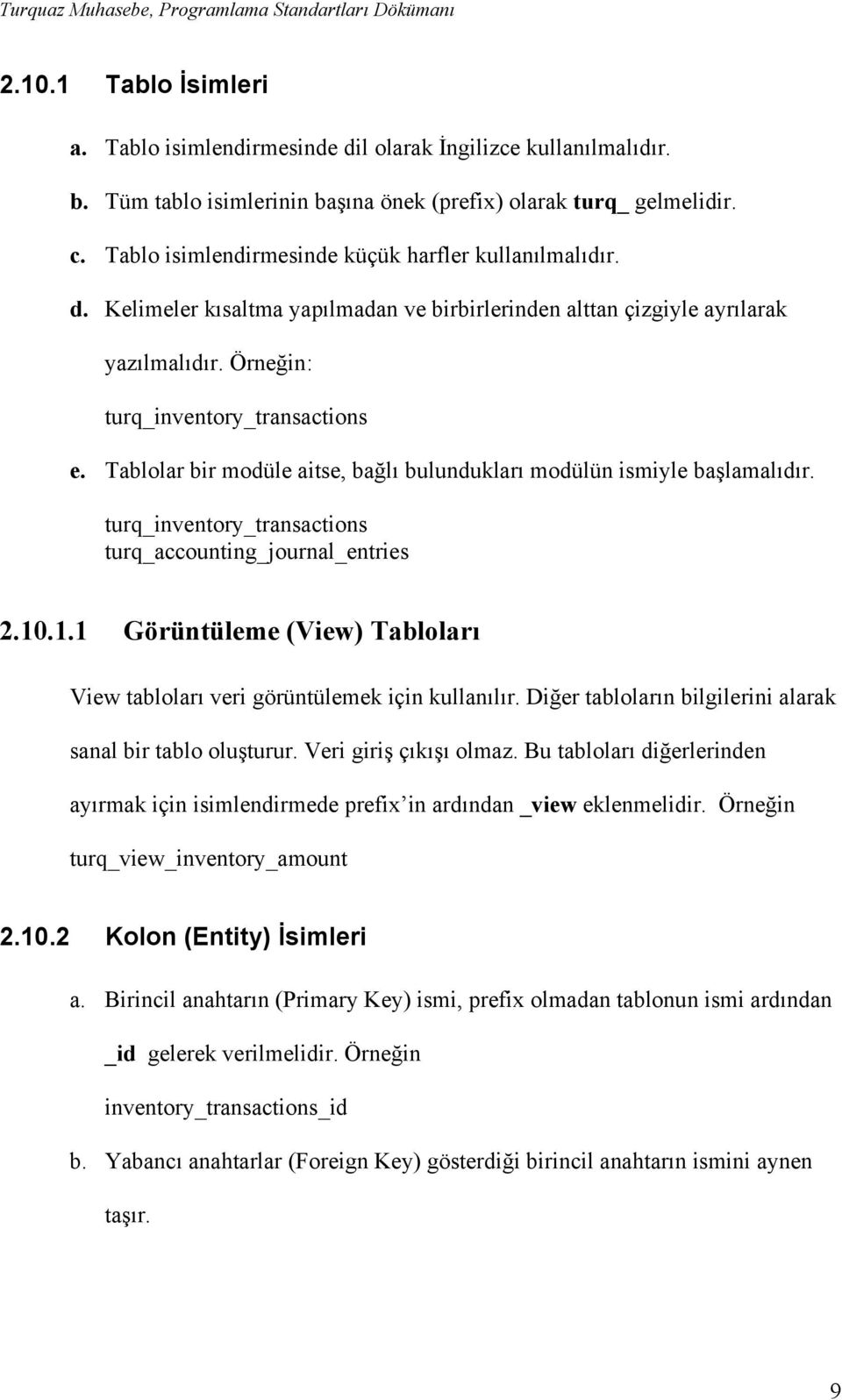 Tablolar bir modüle aitse, bağlı bulundukları modülün ismiyle başlamalıdır. turq_inventory_transactions turq_accounting_journal_entries 2.10