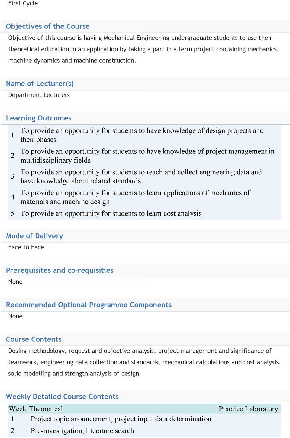 Name of Lecturer(s) Department Lecturers Learning Outcomes 1 2 3 4 To provide an opportunity for students to have knowledge of design projects and their phases To provide an opportunity for students