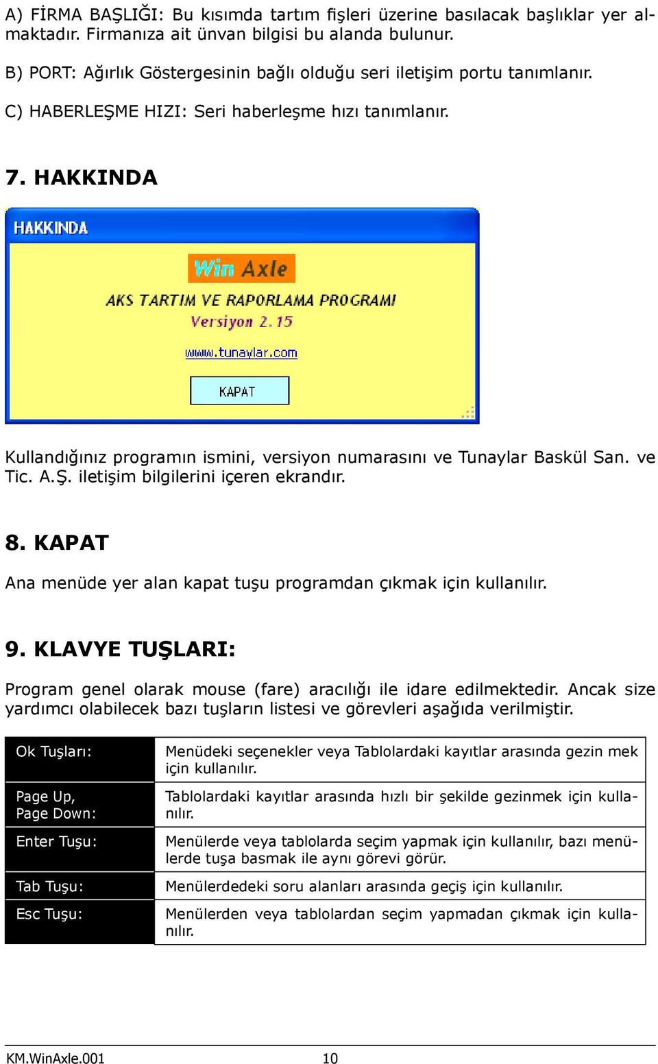 HAKKINDA Kullandığınız programın ismini, versiyon numarasını ve Tunaylar Baskül San. ve Tic. A.Ş. iletişim bilgilerini içeren ekrandır. 8.