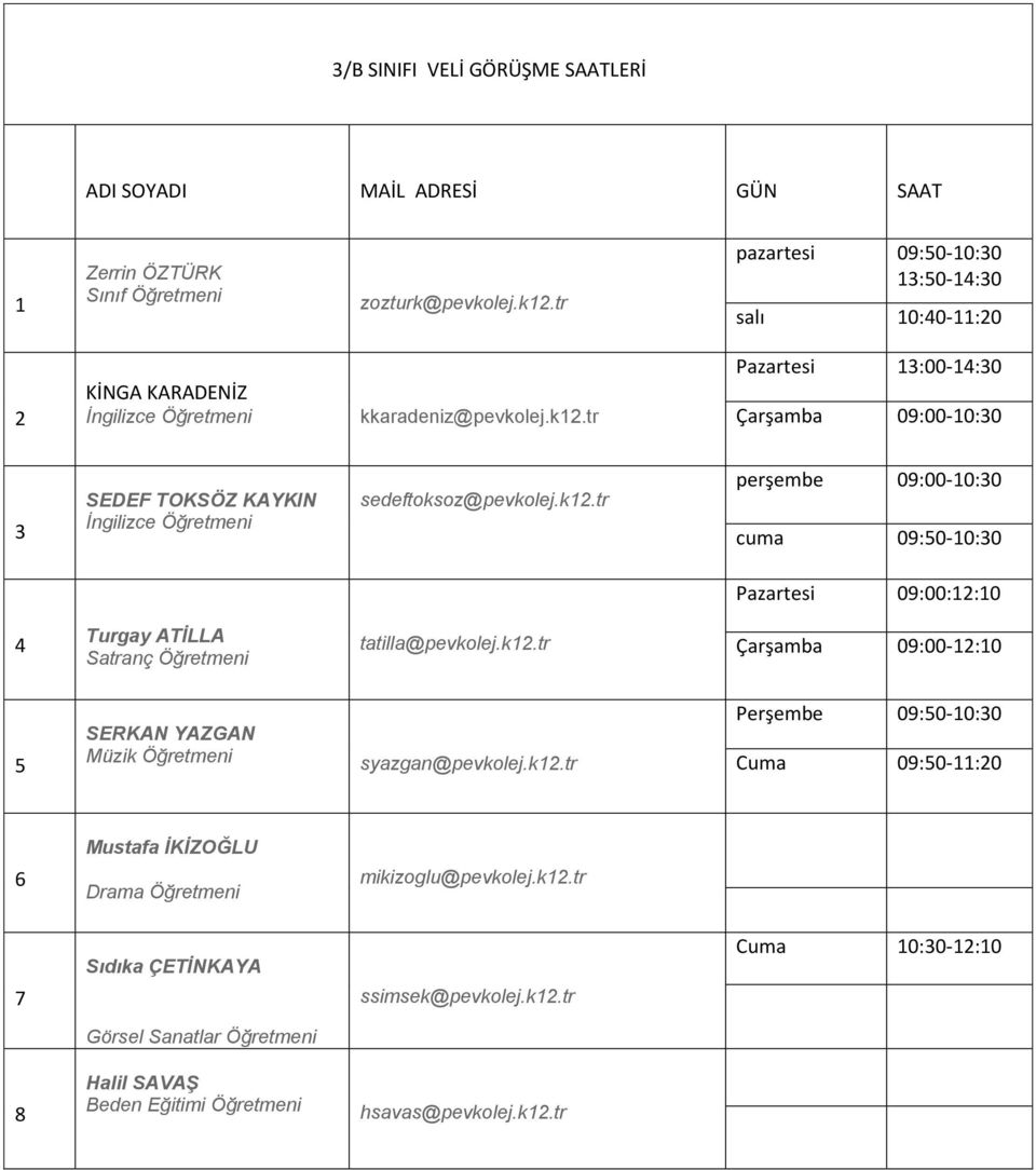 k.tr 0:00-:0 SERKAN YAZGAN Müzik syazgan@pevkolej.k.tr 0:0-:0 Mustafa ĠKĠZOĞLU Drama mikizoglu@pevkolej.k.tr Sıdıka ÇETĠNKAYA ssimsek@pevkolej.