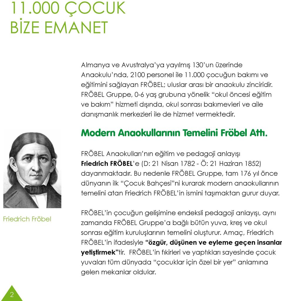 Modern Anaokullarının Temelini Fröbel Attı. FRÖBEL Anaokulları nın eğitim ve pedagoji anlayışı Friedrich FRÖBEL e (D: 21 Nisan 1782 - Ö: 21 Haziran 1852) dayanmaktadır.